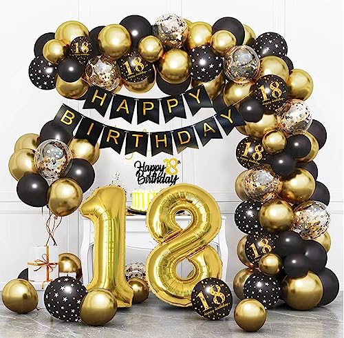 18 Geburtstag Deko,18. Geburtstag Mann Frauen,18 Jahr Geburtstagdeko,Schwarz Gold Happy Birthday Girlande Ballon Dekoration,Deko Konfetti Luftballons für 18 Geburtstag Mann Frauen Birthday Party von Bluelves