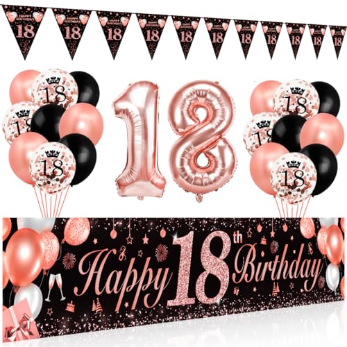 18 Geburtstag Dekoration Frauen,Bluelves Schwarz Rose Extra Lange Happy Birthday Banner Girlande Wimpel (210 x 40 cm),18. Geburtstag Deko Banner Hintergrund und Schwarz Rosegold Konfetti Luftballons von Bluelves