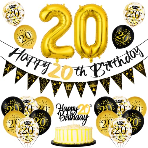 20 Geburtstag Deko Mann Frau, Luftballon 20 Geburtstag Schwarz Gold, 20 Happy Birthday Banner Wimpelkette, Folienballon Zahl 20, Cake Topper Schwarz Gold für 20 Geburtstag Party Dekoration von Bluelves