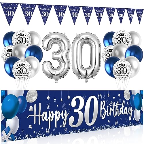 30 Geburtstag Deko Mann Frau, 30 Happy Birthday Banner Blau Silber, Luftballons 30 Geburtstag Wimpel Girlande, Deko 30. Geburtstag Hintergrund Ballons Marineblau Silber für Männer Frauen Party Deko von Bluelves