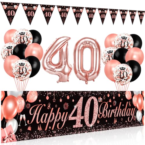 40 Geburtstag Dekoration Frauen,Bluelves Schwarz Rose Extra Lange Happy Birthday Banner Girlande Wimpel (210 x 40 cm),40. Geburtstag Deko Banner Hintergrund und Schwarz Rosegold Konfetti Luftballons von Bluelves