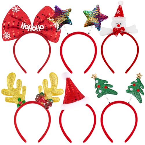 6 Stücke Glitzer Weihnachten Haarreif,Neuheit Xmas Weihnachtsfeier Kopfschmuck Set,Weihnachtsbaum Santa Hut Rentier Geweih Schneemann Bögen Pailletten Sterne Haarreifen Party für Kinder Erwachsene von Bluelves