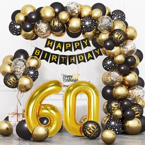 Bluelves Deko 60 Geburtstag Schwarz Gold, Luftballon 60. Geburtstag, 60 Jahr Geburtstagdeko, Happy Birthday Girlande Ballon Dekoration für Mann Frauen von Bluelves