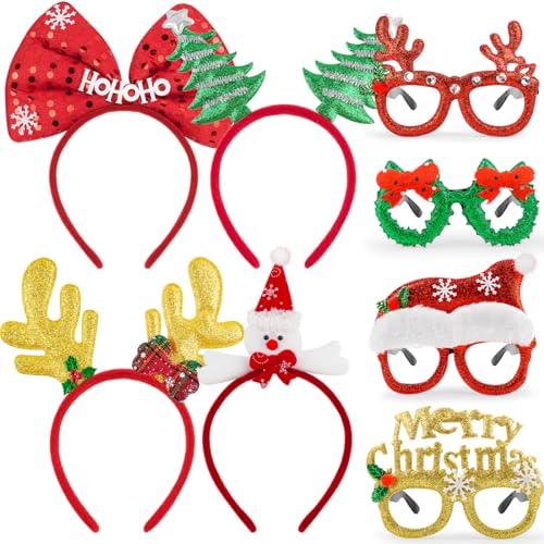 8 Stücke Glitzer Weihnachten Haarreif,Neuheit Xmas Weihnachtsfeier Kopfschmuck Set,Weihnachtsbaum Santa Hut Rentier Geweih Schneemann Bögen Pailletten Sterne Haarreifen Party für Kinder Erwachsene von Bluelves