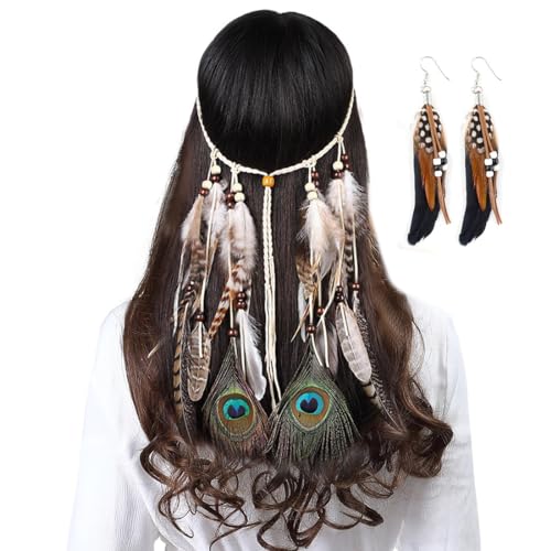 Bluelves 2PCS Teiliges Indianer Kopfschmuck Set, Damen Hippie Boho Indianer Stirnband, Böhmische Feder Ohrringe, Flechten Haar Band, Stirnband Zubehoer für Kostüm Indianer Damen von Bluelves