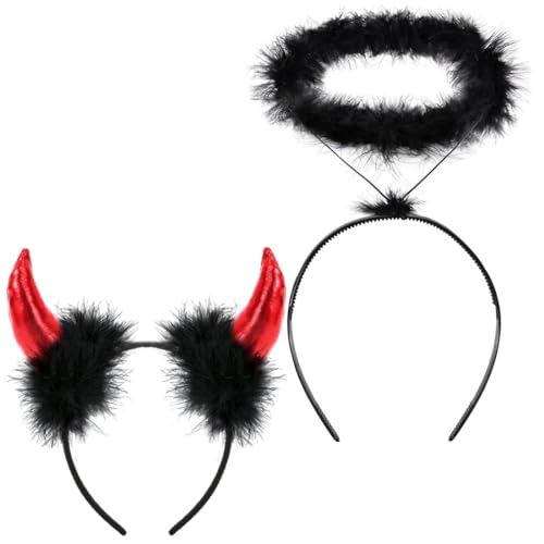 Bluelves 2pcs Karneval Haarreifen,Teufelshörner Rosa + Heiligenschein Engel Schwarz,Teufelsohren Haarband und Gefallener Engel,Haarschmuck Kostüm für Halloween Fasching Party von Bluelves