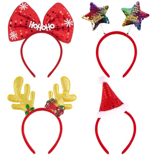 Bluelves 4 Stücke Glitzer Weihnachten Haarreif,Neuheit Xmas Weihnachtsfeier Kopfschmuck Set,Weihnachten Hut Rentier Geweih Schneemann Bögen Pailletten Sterne Haarreifen Party für Kinder Erwachsene von Bluelves