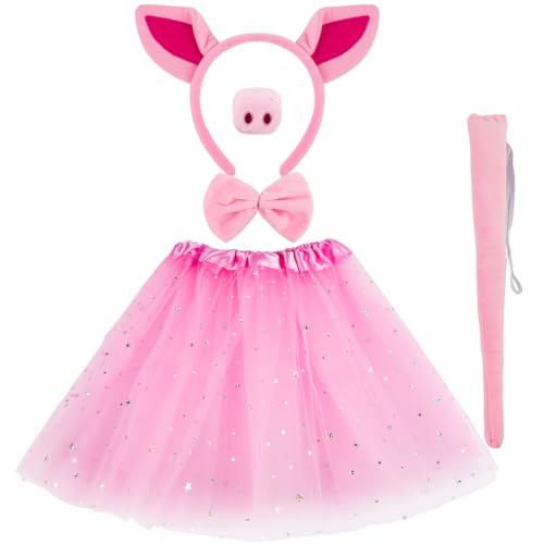 Bluelves 5 Stück Schwein Kinder Kostüm,Schwein Stirnband mit Kinder Tutu Rock Schwanz Fliege Schwein Nase,Dschungel Tierkostüm Set für Karneval Party Halloween Kostüm Mädchen von Bluelves