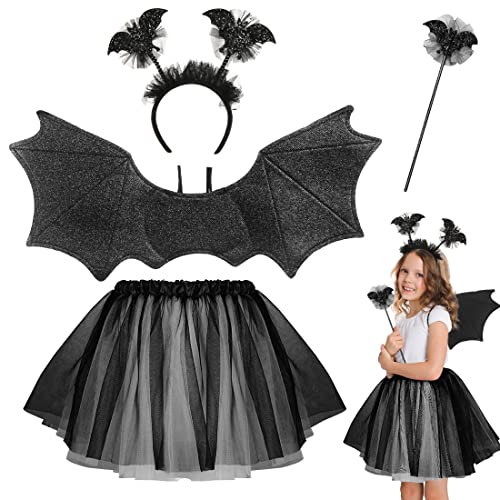 Bluelves Fledermaus Kostüm Kinder, 4 Stück Fledermaus Rock Kostüm Set mit Haareif, Tutu Rock, Flügel und Zauberstab, Fledermaus Kostüm Kinder für Halloween Karneval Fasching Mottoparty Cosplay Party von Bluelves