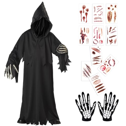 Bluelves Halloween Kostüm Herren,Gewand Des Sensenmanns mit Maskenhandschuhen Halloween Kostüm Erwachsene Unisex Halloween Rollenspiel,Mit 10 Halloween Tattoo Gesicht von Bluelves