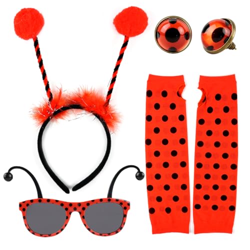 Bluelves Ladybug Kostüm Erwachsene Kinder,Marienkäfer-Kostüm,Faschingskostüme Damen Marienkäfer,Marienkäfer Haarreif+Ohrringe+Lange Handschuhe+Sonnenbrille,Fasching Kostüm Verkleidung von Bluelves