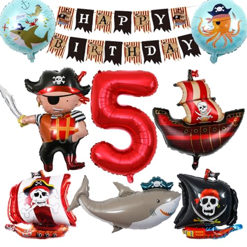 Bluelves Piraten Kindergeburtstag Luftballons 5 Jahre,Piratenschif Folienballons Geburtstagsdeko,Ozean Tiere Hai Helium Luftballon,Piratenschiff Ballons Deko für 5 Jahr Kinder Geburtstagsfeier von Bluelves