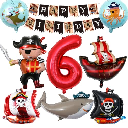 Bluelves Piraten Kindergeburtstag Luftballons 6 Jahre,Piratenschif Folienballons Geburtstagsdeko,Ozean Tiere Hai Helium Luftballon,Piratenschiff Ballons Deko für 6 Jahr Kinder Geburtstagsfeier von Bluelves