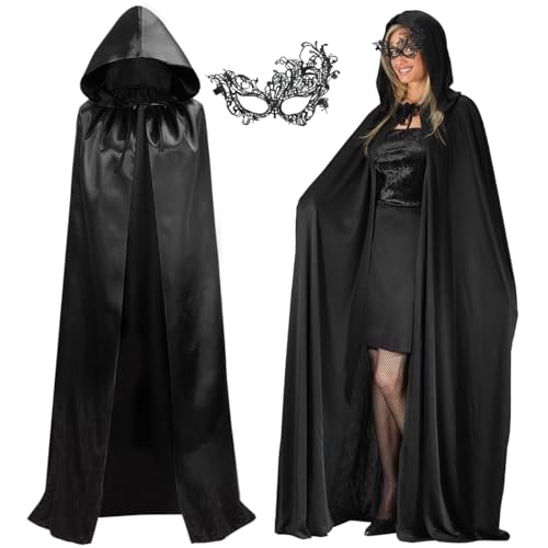 Bluelves Schwarzer Umhang mit Kapuze,Halloween Schwarzer Umhang,Halloween Kostüm,Karneval Halloween Weihnachten Cape Mantel,Umhang Mittelalter,Vampir Umhang, Erwachsene Kinder Damen Männer(XL) von Bluelves