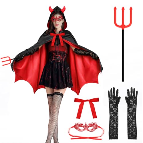 Bluelves Teufel Kostüm Damen,Karneval Damen Vampir Umhang Kostüm,Kapuzenumhang Schwarz Rot Doppelseitig mit Teufelsgabel,Spitzenhandschuhen,Spitzenaugenklappe für Halloween-Masquerade Karneval von Bluelves