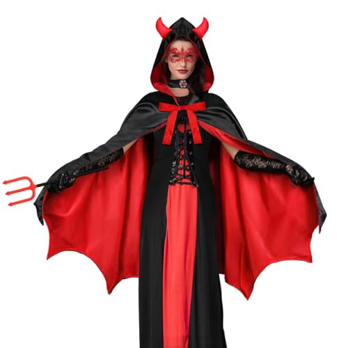 Bluelves Teufel Kostüm Damen，Halloween Vampirkostüm für Damen，Kapuzenumhang Schwarzer und Roter Wendeumhang，Teufelsgabel,Spitzenhandschuhen,Spitzenaugenklappe,geeignet für Halloween-Karnevalsparty von Bluelves