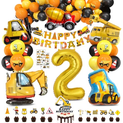 Bluelves XXL Bagger Deko Kindergeburtstag 2,Baustellen Geburtstagdeko Junge 2 Jahre,BAU Party Dekoration,Baustelle Luftballons Geburtstag mit Bagger Happy Birthday Banner und Bagger Deko von Bluelves