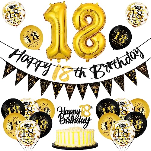 Deko 18. Geburtstag Junge Mädchen, Luftballons 18 Geburtstag Schwarz Gold, 18 Happy Birthday Banner Wimpelkette, Folienballon Zahl 18, Cake Topper Schwarz Gold für Geburtstag Party Dekoration von Bluelves