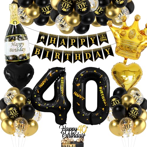 Deko 40 Geburtstag Mann Frau, Luftballon 40 Geburtstag Schwarz Gold, 40 Happy Birthday Banner, Folienballon Zahl 40 Cake Topper Schwarz Gold für 40. Party Geburtstagsdeko von Bluelves