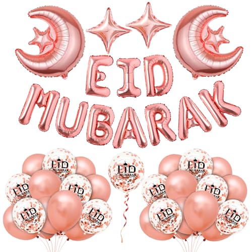 Bluelves Eid Mubarak Dekoration Rosegold, 23-teiliges Set mit Ballons, Girlande, Stern- und Mondfolienballons für Eid Ramadan Mubarak Partydeko von Bluelves