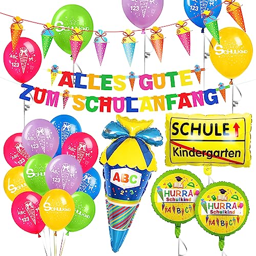 Bluelves Einschulung Schulanfang Schuleinführung Deko, Alles Gute zum Schulanfang Girlande, Zuckertüte Banner, Schulkind Luftballons, Folienballon Zuckertüte Schulkind Einschulung für Jungen von Bluelves