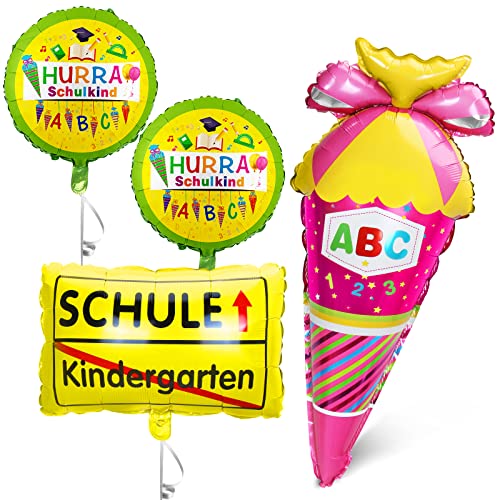 Einschulung Deko Mädchen Rosa,Zuckertüten Folienballon + SCHULE Kindergarten Ballon + 2 HURRA SCHULE Folien ballons,Deko für Einschulung Schuleinführung Schulanfang Schulstart Schule für Mädchen von Bluelves