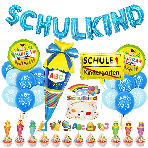 Einschulung Schuleinführung Schulanfang Deko Set für Jungen, Geschenk Einschulung Junge Deko Blau, SCHULKIND Blau Banner + HURRA Schulkind Schulanfang Folienballon + Zuckertüte Luftballons mit ABC von Bluelves