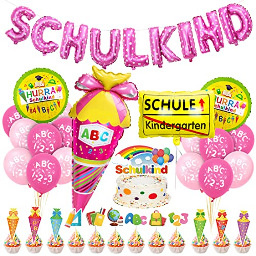 Einschulung Schuleinführung Schulanfang Deko Set für Mädchen, Geschenk Einschulung Mädchen Deko Rosa, SCHULKIND Rosa Banner + HURRA Schulkind Schulanfang Folienballon + Zuckertüte Luftballons mit ABC von Bluelves