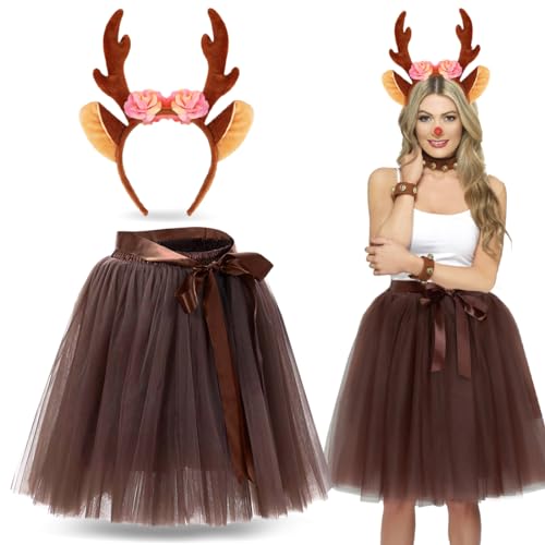 Rentier Kostüm Damen, Rentier Blüten Haarreif und Tutu, Vintage Spitzen Rock, Karneval Reh Kostüm, Tierkostüm Erwachsene für Damen Halloween Fasching Weihnachten Cosplay Kostüm Party von Bluelves