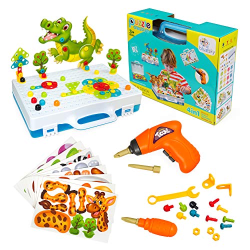 Bluesky kreatives und förderndes 3D Puzzle 3D Puzzle mit Tier-/ Dinokarten oder mit Bildvorlagen(257 Teile). Werk-Spielzeug mit Akkuschrauber, Schrauben, Steckperlen und Bildvorlagen. Spielset von Bluesky