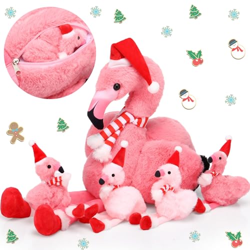 Blueweenly 18 Zoll Weihnachten Flamingo Stofftier Spielzeug mit 4 kleinen Weihnachten Plüsch Flamingo mit Nikolausmütze Innen Rosa Plüsch Weihnachten Plüsch Dekoration für Flamingo Party Decor von Blueweenly