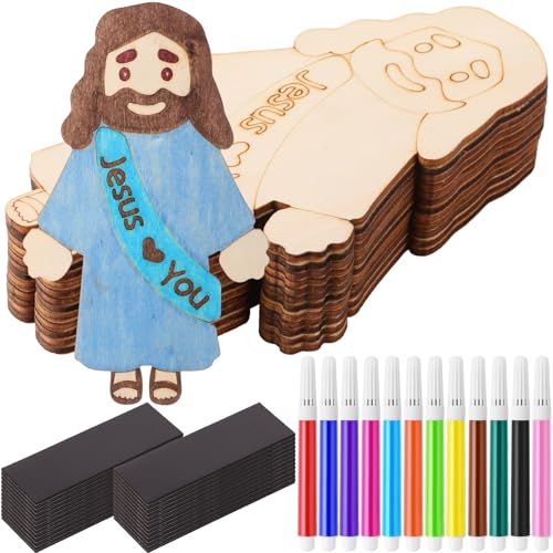 Blueweenly 24 Stück DIY Holz Jesus Figur Handwerk Magnet für Kinder Sonntag Schule Urlaub Bibel Schule Basteln Farbe Your Own Jesus Loves You Magnet mit Magneten und Farbstiften für Aktivitäten Ostern von Blueweenly