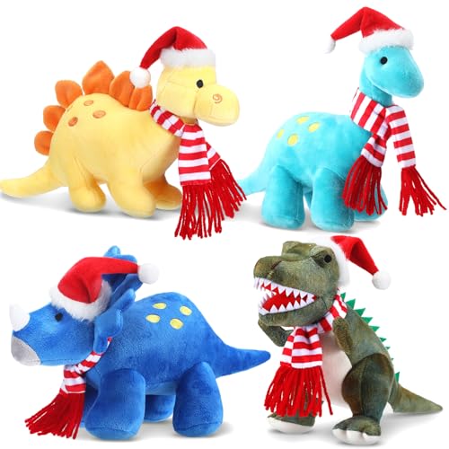 Blueweenly 4 Stück Weihnachts-Dinosaurier-Plüschtier, 30 cm, Dinosaurier in Weihnachtsmannmütze, Stofftiere, Weihnachtsfeier, T-Rex, Stofftier, Weihnachten, Stofftier für Kinder, Weihnachtsgeschenke von Blueweenly