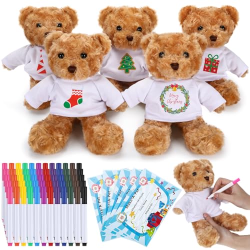 Blueweenly Stoffbär-Geschenk-Set für Weihnachten, zum Selbermachen, 20 Stück, 5 Stück, 24 cm, Rosen-Samtbär, 5 weiße T-Shirts, 5 Sets mit 12 Farben, Aquarellstifte, 5 Papierkarten für Weihnachten, von Blueweenly