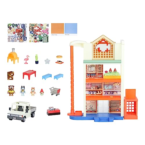 Bluey Hammerbarn Einkaufszentrum Mega Set, 4 Ebenen, 55.9 cm hohes Spielset mit funktionierendem Aufzug und Trolley-Rückkehr, Lichtern und 45+ Geräuschen, 3 Figuren, 15 Zubehörteile, plus Nutzfahrzeug von BlueY