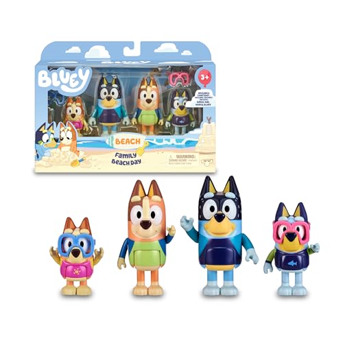 Bluey - Packung mit 4 Strandfiguren, bewegliche Figuren für Familie, bereit zum Strandgehen, Puppen der Kinderserie, Chilli-Puppen, Bandit, Bingo-Kleider, Berühmtheiten (BLY63100) von BlueY