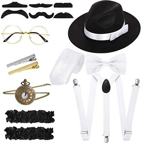 1920er Herren Kostüm Zubehör Set Roaring Retro Gangster Kostüm, Hut, Fliege, Krawatte, Taschenuhr, Hosenträger, Brille, Bart, Ärmelhalter, Krawattenklammern (Zart Stil, Schwarz) von Blulu