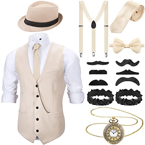 1920er Herren Zubehör Gatsby Gangster Kleidung Kostüm Halloween Cosplay Outfit mit Weste Fedora Hut Taschenuhr Hosenträger Fliege für Mann Halloween Cosplay (L, Beige) von Blulu