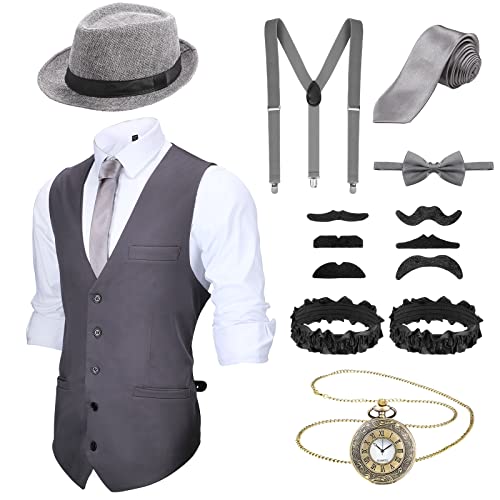 Blulu 1920er Herren Zubehör Gatsby Gangster Kleidung Kostüm Halloween Cosplay Outfit mit Weste Fedora Hut Taschenuhr Hosenträger Fliege für Mann Halloween Cosplay (XL, Schwarz und Weiß) von Blulu