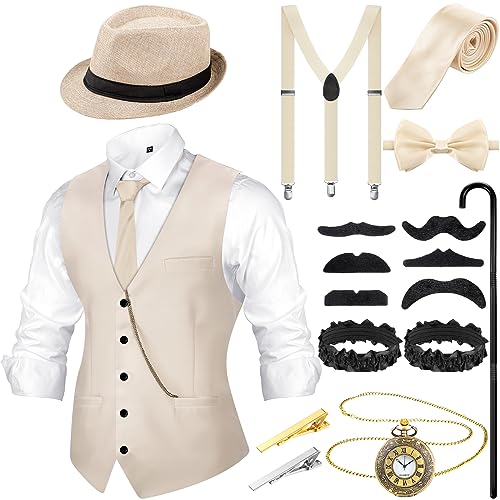 1920er Jahre Herren Kostüm Accessoires Set Gangster Weste Fedora Hut Hosenträger Spielzeug Taschenuhr Gehstock 20er Jahre Outfit Kleidung für Männer 1920er Herren Zubehör (Beige, M) von Blulu