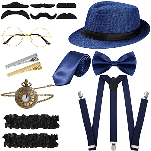 1920er Herren Kostüm Zubehör Set Roaring Retro Gangster Kostüm, Hut, Fliege, Krawatte, Taschenuhr, Hosenträger, Brille, Bart, Ärmelhalter, Krawattenklammern (Einfach Stil, Dunkelblau) von Blulu