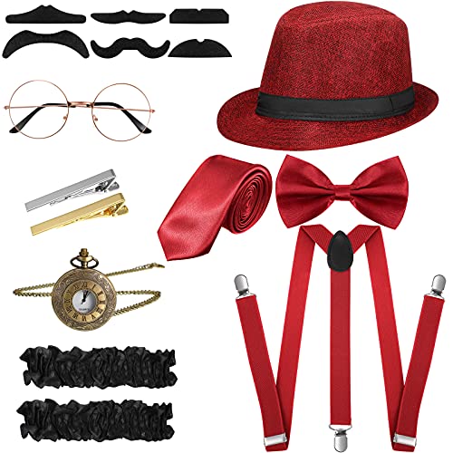 1920er Herren Kostüm Zubehör Set Roaring Retro Gangster Kostüm, Hut, Fliege, Krawatte, Taschenuhr, Hosenträger, Brille, Bart, Ärmelhalter, Krawattenklammern (Einfach Stil, Weinrot) von Blulu