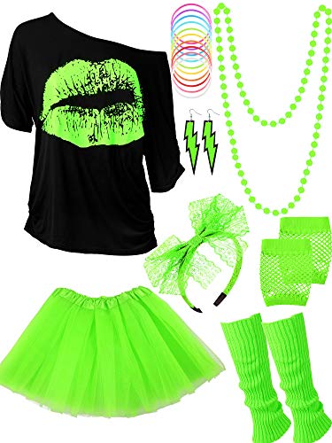 Blulu 80 Jahre Kostüm Zubehör Set, T-Shirt Tutu Stirnband Ohrring Halskette Beinlinge(L,Fluoreszierendes Grün) von Blulu