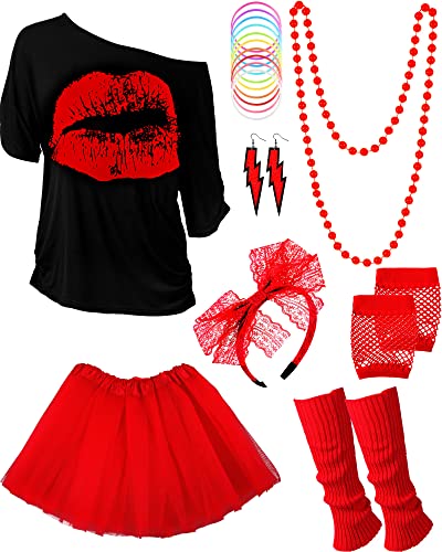 80 Jahre Kostüm Zubehör Set, T-Shirt Tutu Stirnband Ohrring Halskette Beinlinge(XS,rot) von Blulu