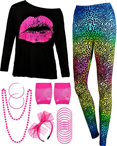 Blulu 80er Jahre Damen Kostüm Set, T Shirt, Legging Hose Ohrring Halskette Handschuhe Armband(Lange Ärmel Leopard,L) von Blulu