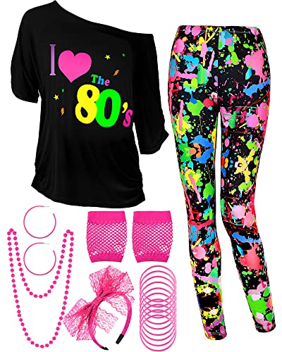 80er-Jahre-Kostüm-Set, T-Shirt, Leggings, Hose, Ohrringe, Halskette, Handschuhe, Armband (Größe XL) von Blulu