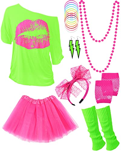 80er Jahre Outfit Damen Kostüm Accessoires Set Neon Retro T-Shirt Tutu Rock Stirnband Fischnetz Handschuhe Ohrring Halskette Beinstulpen, Fluoreszierendes Grün mit Rosenrot, S von Blulu