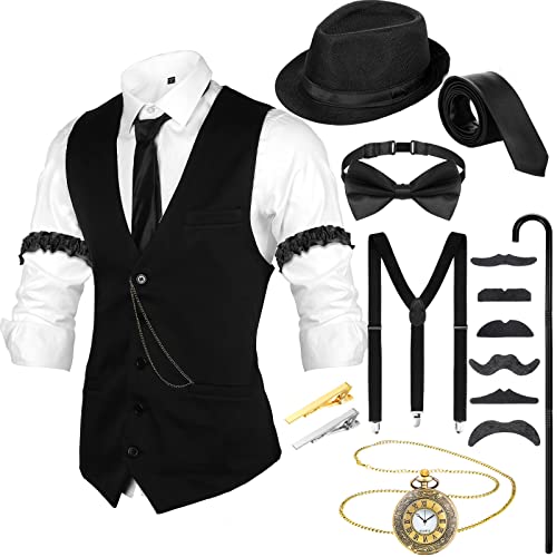 Blulu 1920er Herren Accessoires, Gangster Kleider Outfitmit Weste Fedora Hut Hosenträger Schleife Fliege Taschenuhr Ärmelhalter Gefälschte Schnurrbärte Fliege Clips für Mann Halloween von Blulu