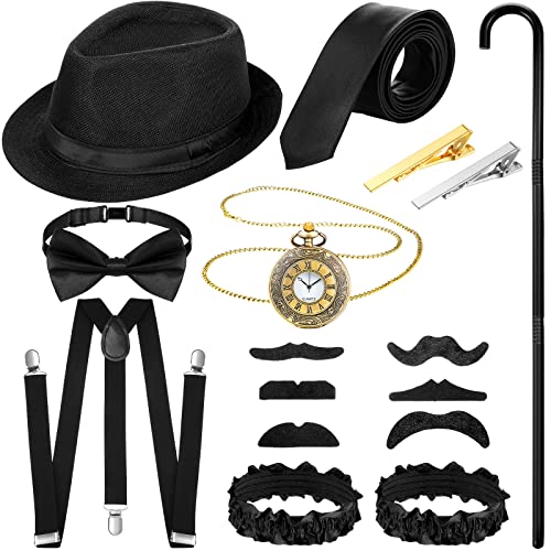 Blulu 1920er Herren Kostüm Zubehör Set Vintage Gangster Accessoires für Männer Hut Fliege Taschenuhr Hosenträger Schnurrbart Strumpfbänder Krawattenklammern Stock Gefälschte Kunststoff von Blulu