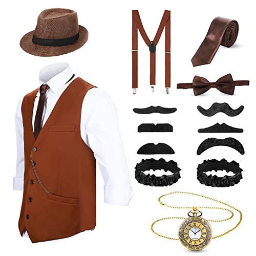 Blulu 1920er Herren Zubehör Gatsby Gangster Kleidung Kostüm Cosplay Outfit mit Weste Fedora Hut Taschenuhr Hosenträger Fliege für Mann Halloween Cosplay (L, Braun) von Blulu